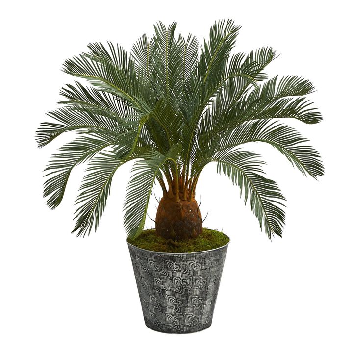 Nearly Natural 40-in Cycas Tree in Black Embossed Tin Planter