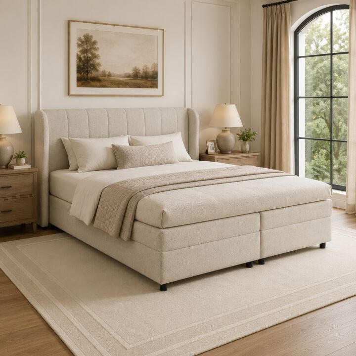 Koe Queen Storage Bed, Wingback, Channel Tufted Beige Chenille Upholstery