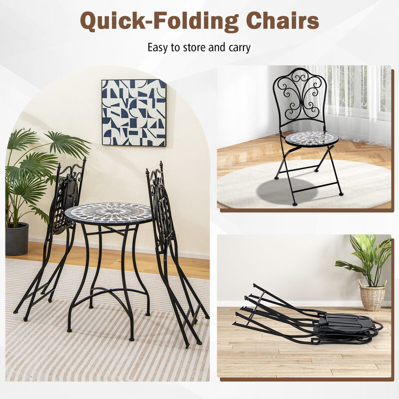 Set of 2 Metal Folding Chairs with Mosaic Pattern for Patio or Garden