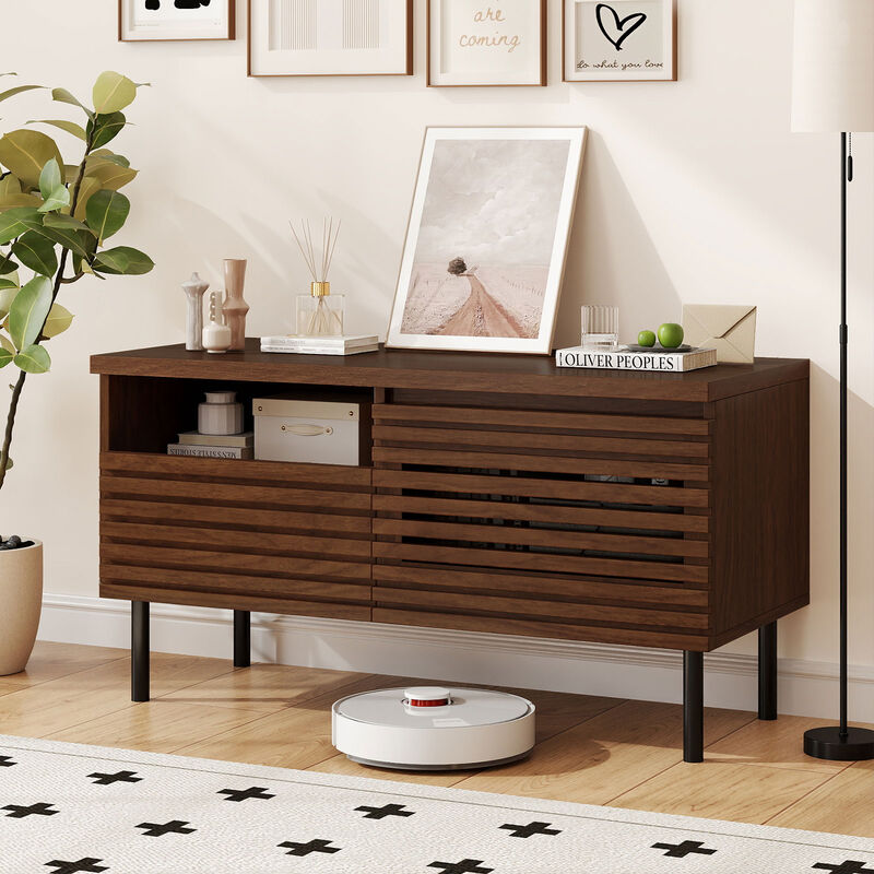 Fluted TV Stand, Mid Century Modern Entertainment Center with Open Storage Compartment-Walnut image number 1