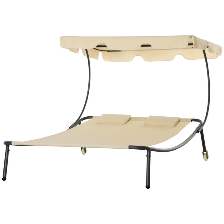 Outsunny Patio Double Chaise Lounge Chair, Outdoor Wheeled Hammock Daybed with Adjustable Canopy and Pillow for Sun Room, Garden, or Poolside, Beige