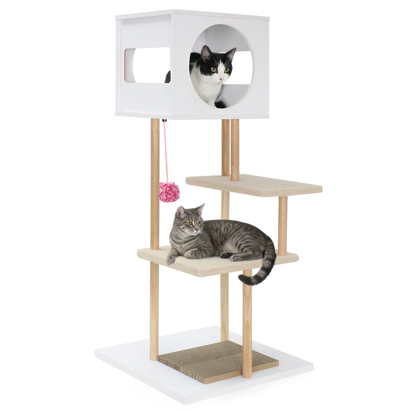 White Wooden Cat Tower with Dual Corrugated Cardboard Scratching Pads image number 4