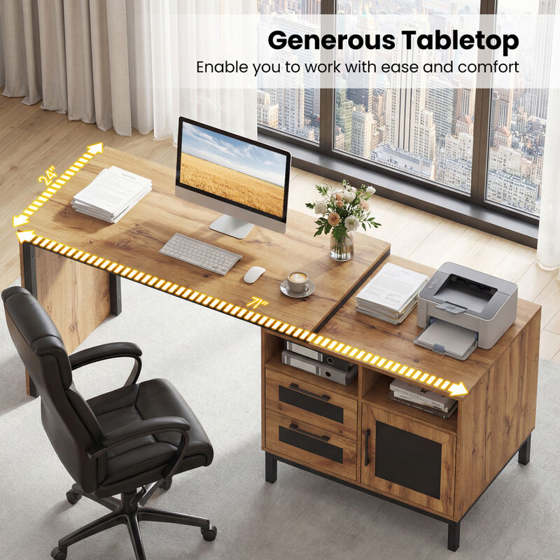 Modern Computer Desk with Open Compartments and Drawers for Storage image number 6
