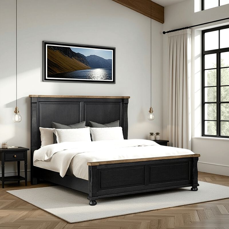 Ginie Queen Bed, Tall Headboard, Farmhouse Legs, Black, Oak Brown Wood - Benzara