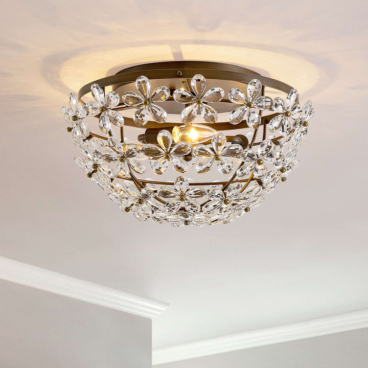 Amila 3-Light Bronze Glam Daisy Flower Crystal Blossom Flush Mount