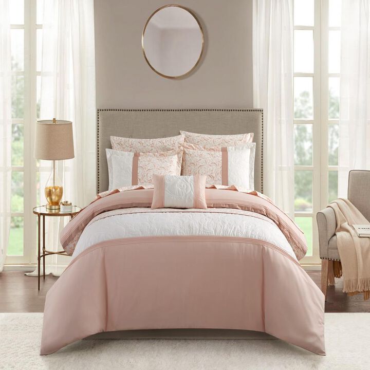 Chic Home Ava Comforter Set Color Block Floral Pleated Stitching Print Details Design Bed In A Bag Bedding - Sheets Pillowcases Decorative Pillow Shams Included - 8 Piece - King 106x92", Blush