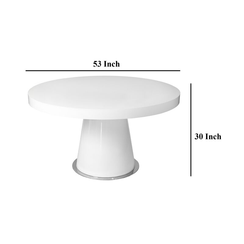John Dining Table, 53 Inch Round Top, Modern Cone Base, White, Steel - Benzara