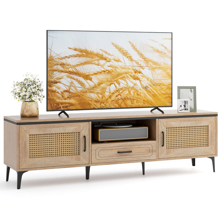Mid-Century Modern Entertainment Center with 2 Cabinets and Storage Drawer for Stylish Media Organization