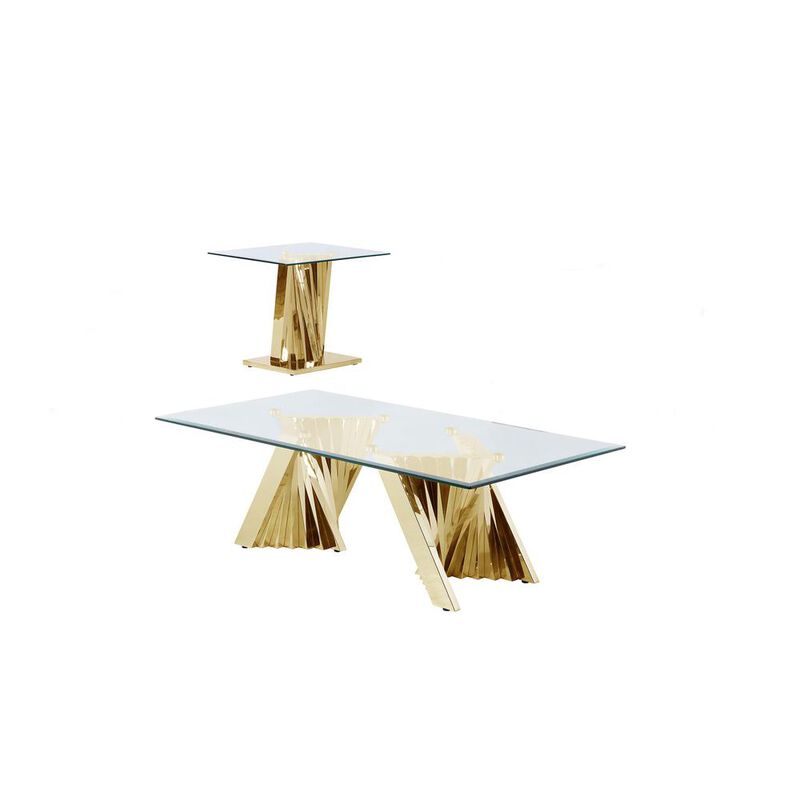 Best Quality Furniture Glass Coffee Table Sets: Coffee Table and End Table with Stainless Steel Gold Base