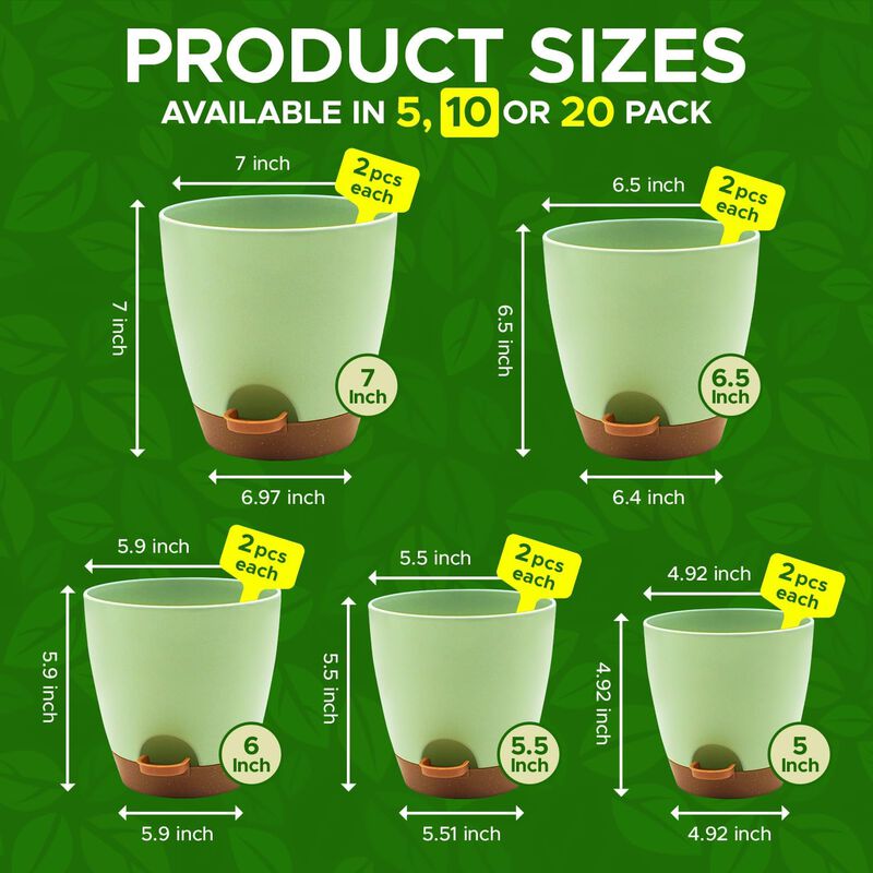 Campior Self-Watering Planters - 5 Size Indoor and Outdoor Plant Pots with Drainage Holes and Wick Rope, Plastic Pot for Succulents, Flowers, and Plants, (7&rdquo;,6.5&rdquo;,6&rdquo;,5.5&rdquo;,5&rdquo; Inches), Pack of 10, Black image number 1