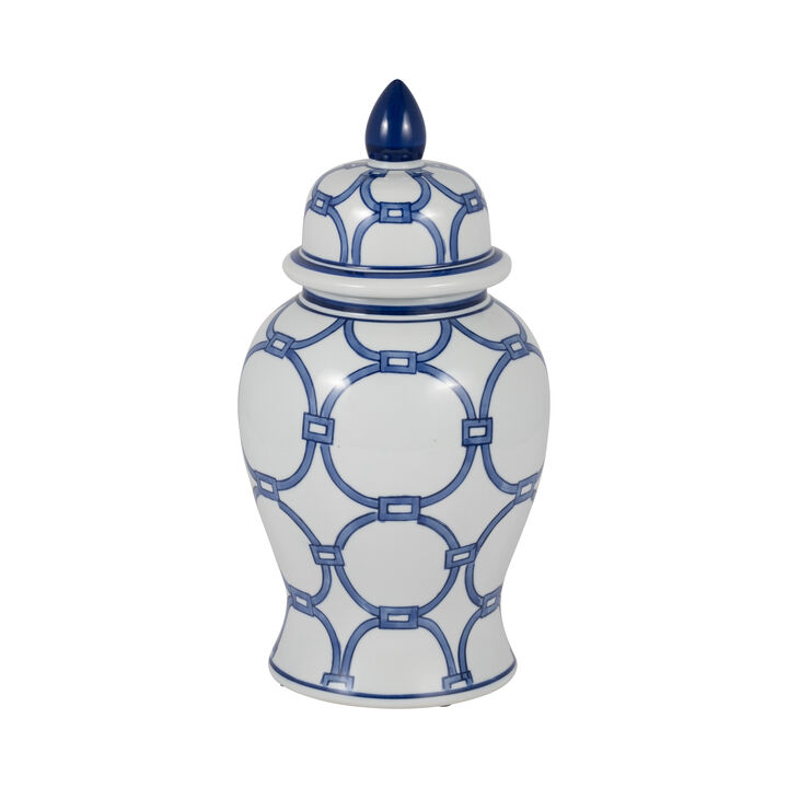 Cer, 14" Links Temple Jar, Blue/white