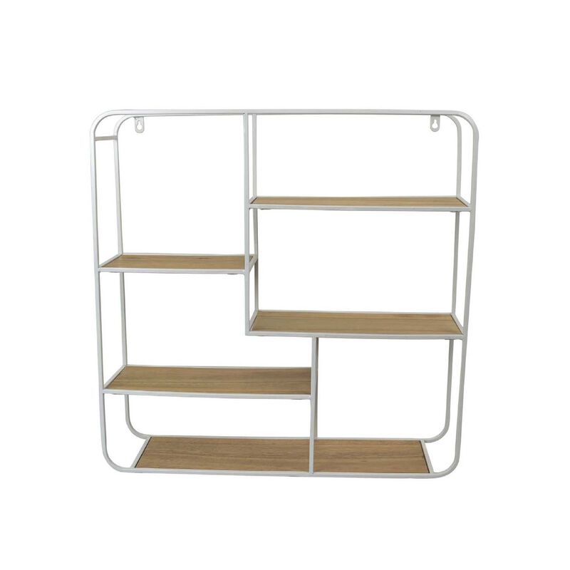 Decorative Wall Shelf with 6 Staggered Wood Racks, White Metal 24 Inch - Benzara