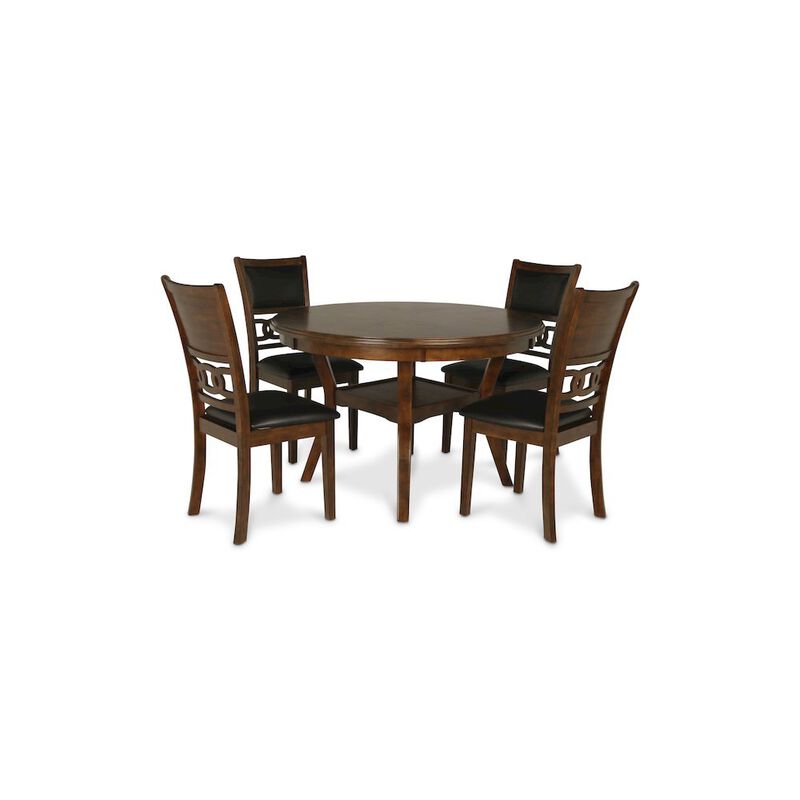 Warm Brown Solid Wood Dining Table with 4 Chairs, 47" Round Table with Storage image number 0