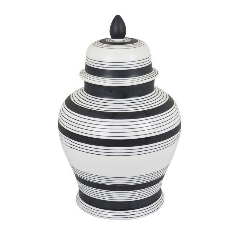 Decorative Jar w Lid, Minimalist Contrast, White Blue Lines, 16 Inch - Benzara