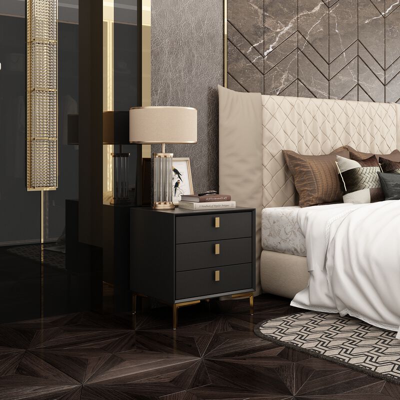 3-Drawer Black Nightstands Side End Table With Gold Metal Legs For Living Room, Bedroom