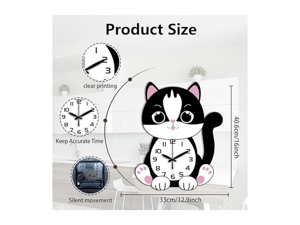 Cat Cartoon Irregular Shape Flat Wall Clock 98 Inch Silent Non Ticking