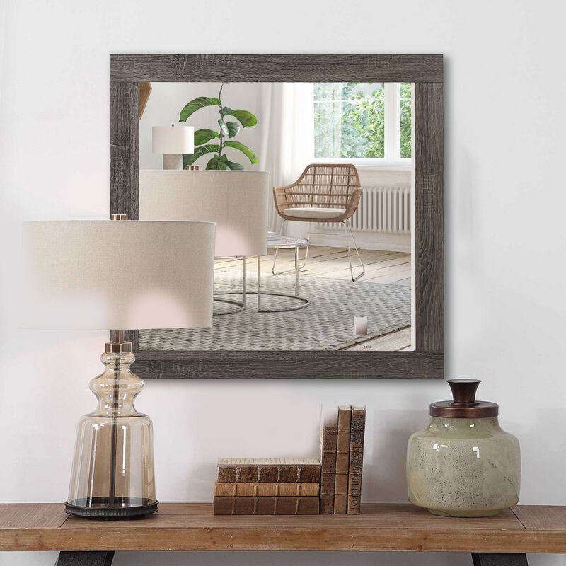 Transitional Style Rectangular Mirror with Natural Wood Grain Details, Gray-Benzara