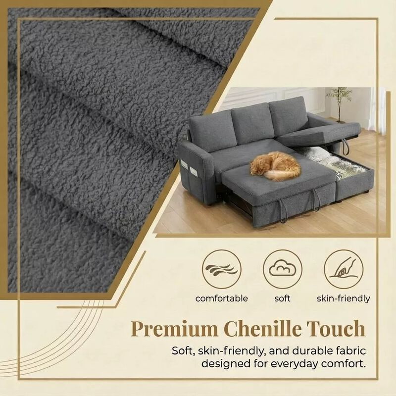 81" Sleeper Sofa Bed, 2 in 1 Pull Out Couch, Sectional Sofa with Reversible Storage, Side Pockets image number 8
