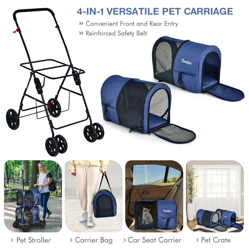 Costway 4-in-1 Double Pet Stroller w/ Detachable Carrier Travel Carriage for Cats Blue