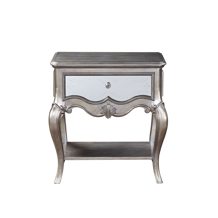 Nightstand with Mirror Panel Front and Molded Trim, Antique Silver-Benzara
