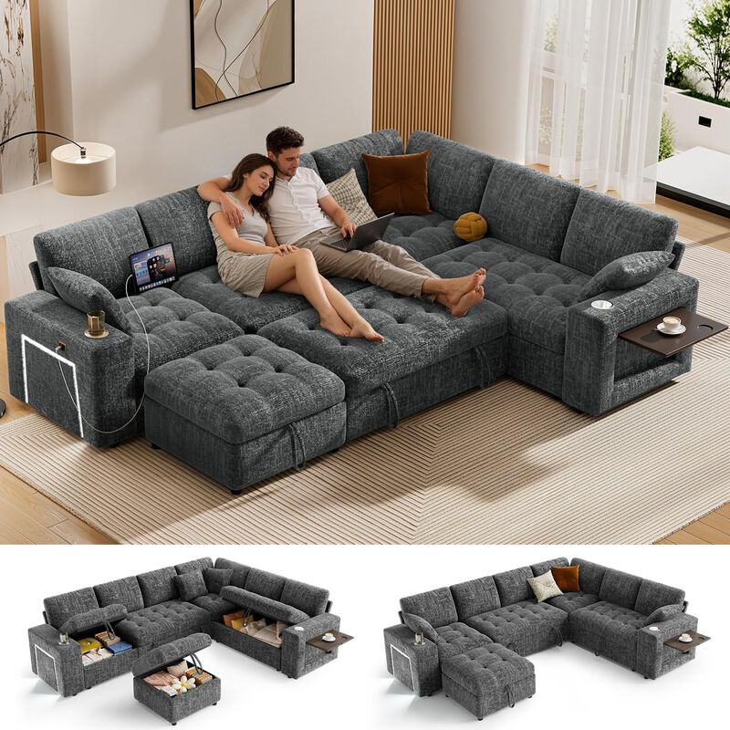Vipbear 110" Modular Sectional Sleeper Sofa, Pull Out Bed, 7-Seat Chenille L-Shaped Couch, Storage image number 2