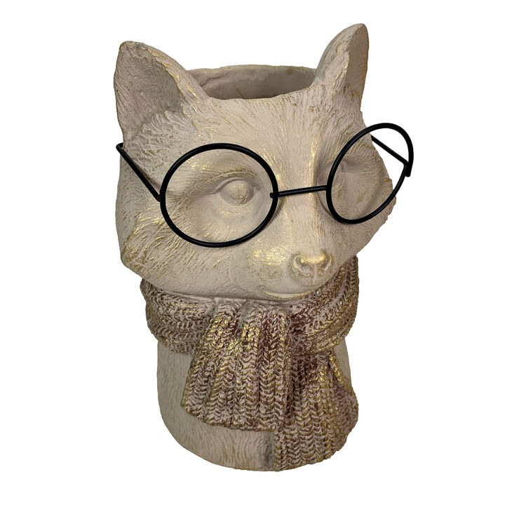 Bespectacled Fox Cement Vase 8.25in &ndash; Cute Fox Planter, Animal Flower Pot, Gift