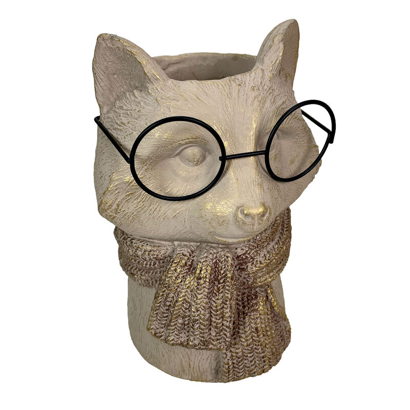 Bespectacled Fox Cement Vase 8.25in &ndash; Cute Fox Planter, Animal Flower Pot, Gift image number 0