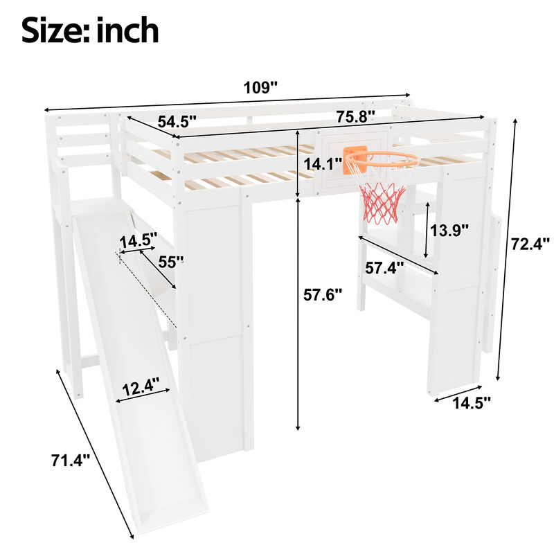 Merax Full Size White Wooden Loft Bed with Staircase Desk, Slide & Basketball image number 4
