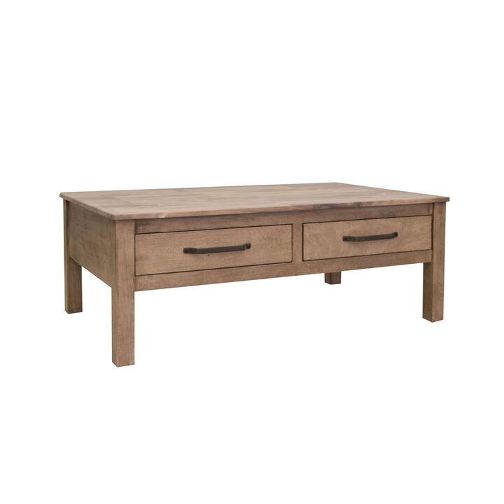 Benjara Umey 53 Inch Coffee Table, 2 Drawers, Light Natural Wood Frame, Brown and Black