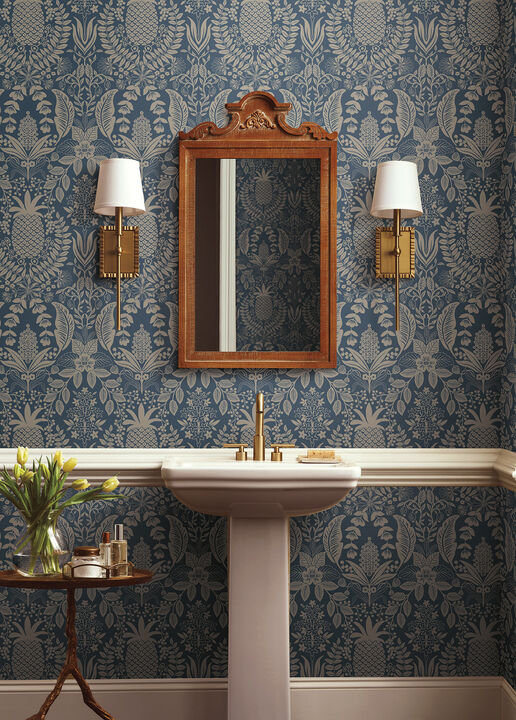 Pineapple Damask Navy Wallpaper