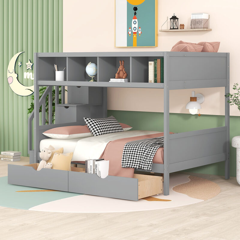Whisen Twin over Full Bunk Bed with Shelfs, Storage Staircase and 2 Drawers- White