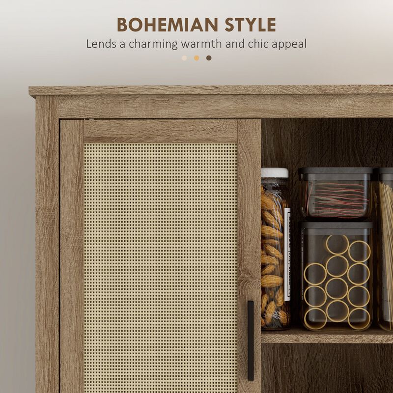 64" Natural Rattan Kitchen Pantry: 4 Doors, 4-Tier Shelves