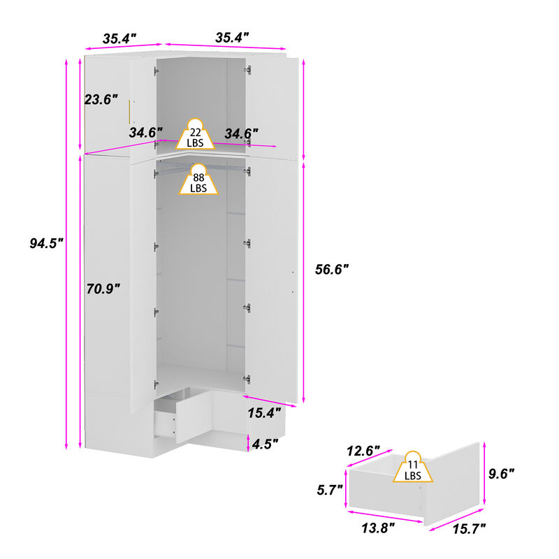 FUFU&GAGA Modern White L-Shaped Wardrobe with Large Storage, Doors & Top Cabinets with Golden Handles, Drawers, PB with Laminate Finish (35.4 in. W x 35.4 in. D x 94.5 in. H)