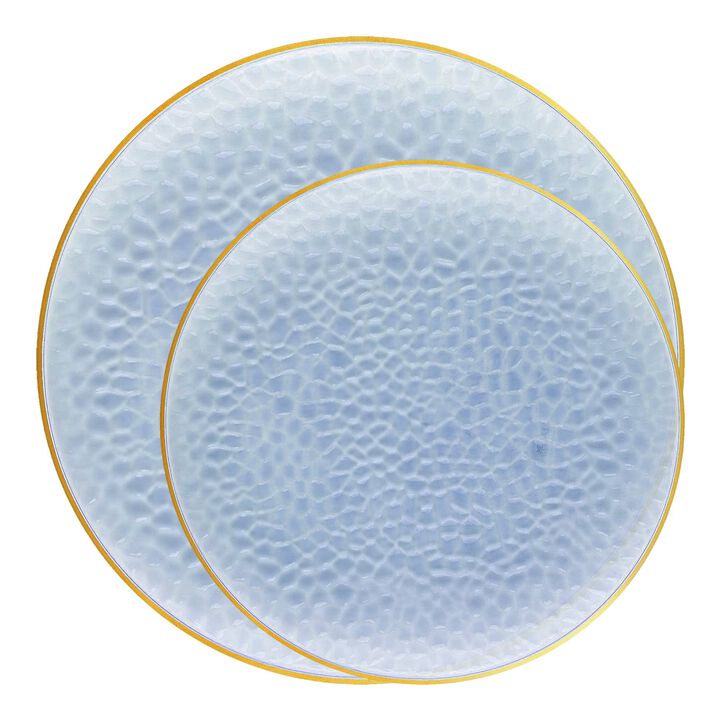 Clear Blue with Gold Rim Hammered Glass Plastic Dinnerware Value Set (60 Sets)