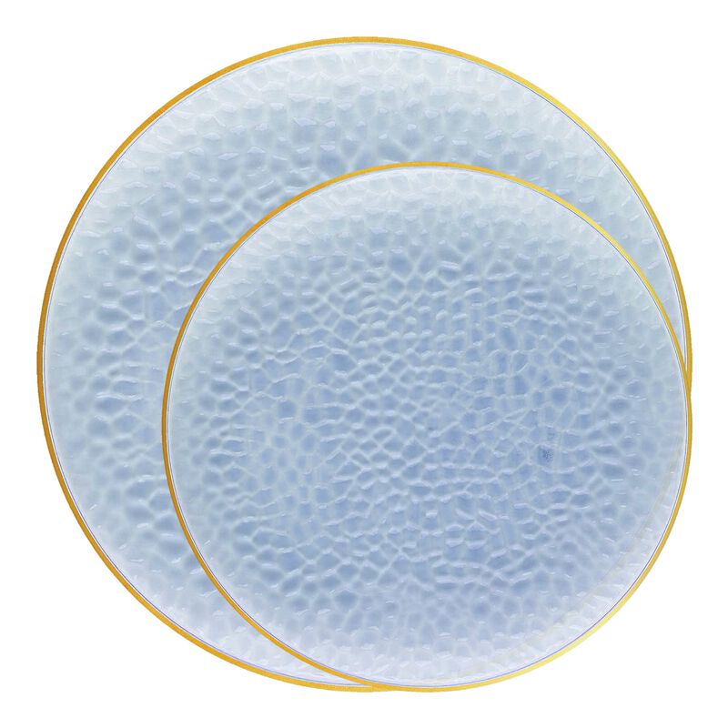 Clear Blue with Gold Rim Hammered Glass Plastic Dinnerware Value Set (60 Sets) image number 0