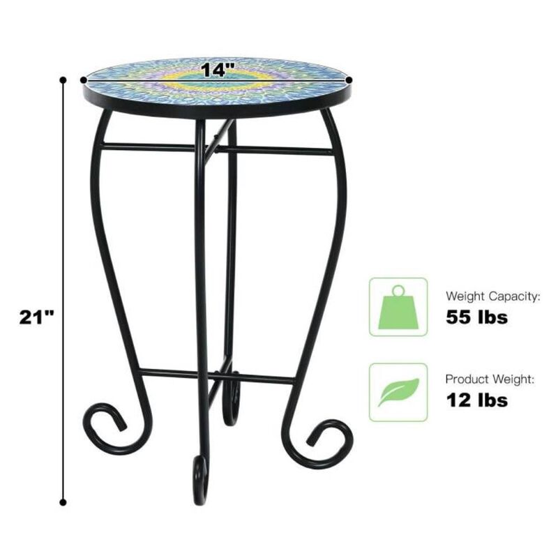 Hivvago Indoor/Outdoor Blue Mosaic Round Side Accent Table Plant Stand