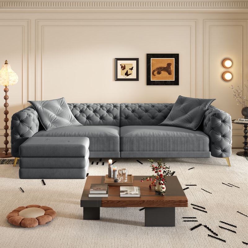 Whisen 97.7" 4-Seat Convertible Sleeper Sofa, Velvet 3-in-1 with Ottoman for Apartment Office image number 2