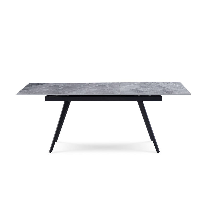79 Inch Extendable Modern Dining Table, Textured Stone Surface, Warm Gray