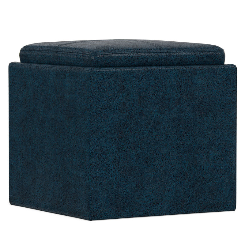 Rockwood 17 inch Wide Contemporary Square Cube Storage Ottoman with Tray in Distressed Dark Blue Vegan Faux Leather, Assembled image number 5