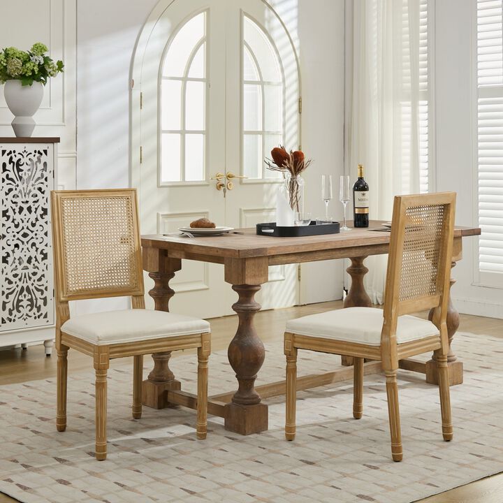 Whisen French Dining Chairs Set of 2, Solid Rubberwood Frame with Linen Upholstery and Rattan Back, for Living Room Kitchen Restaurant