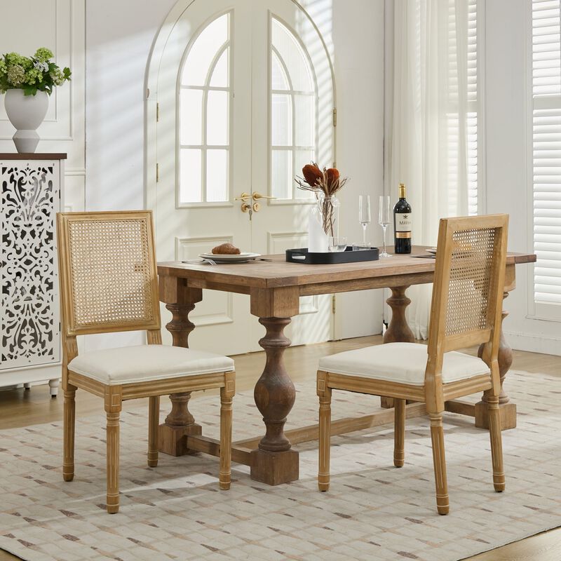 Whisen French Dining Chairs Set of 2, Solid Rubberwood Frame with Linen Upholstery and Rattan Back, for Living Room Kitchen Restaurant image number 1