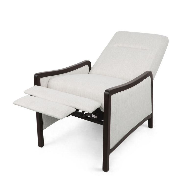 Reina Recliner Chair with Push-Back, Brown Birch Wood, Beige Fabric - Benzara