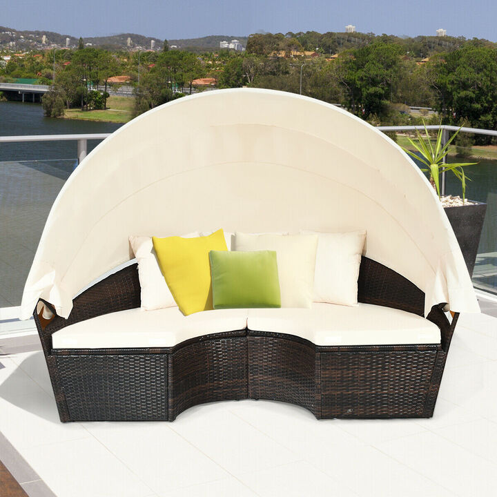 Patio Round Rattan Daybed with Retractable Canopy and Height Adjustable Coffee Table