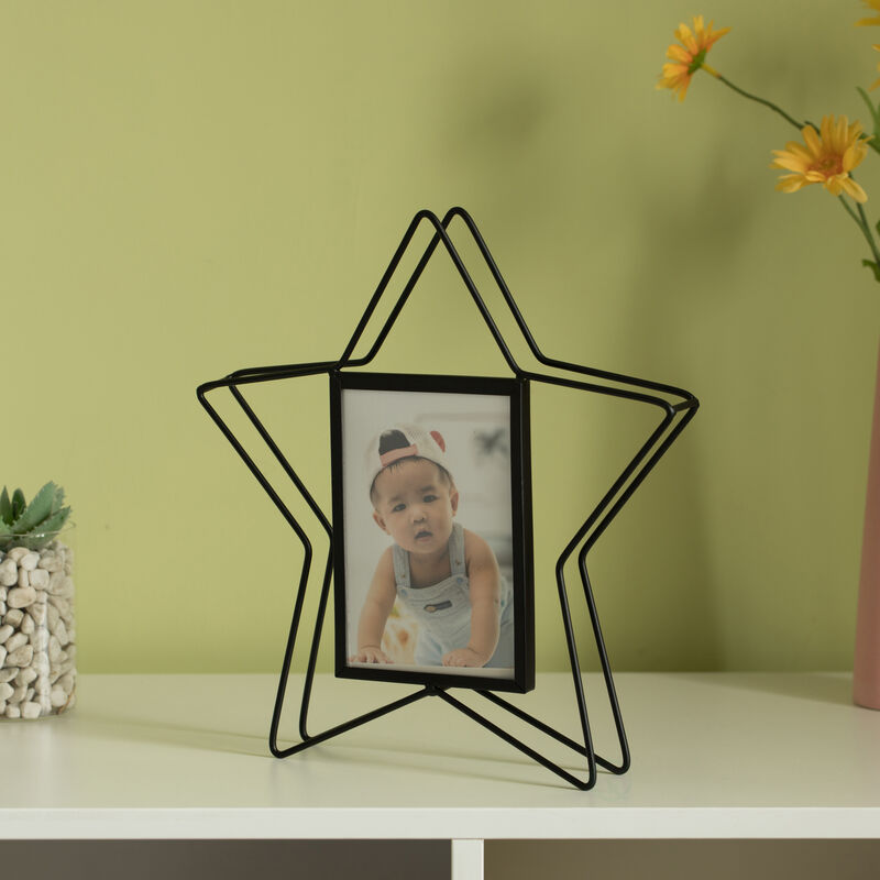Modern Star Shape Black Metal Decor Photo Frame for Tabletop Display, 4" x 6"