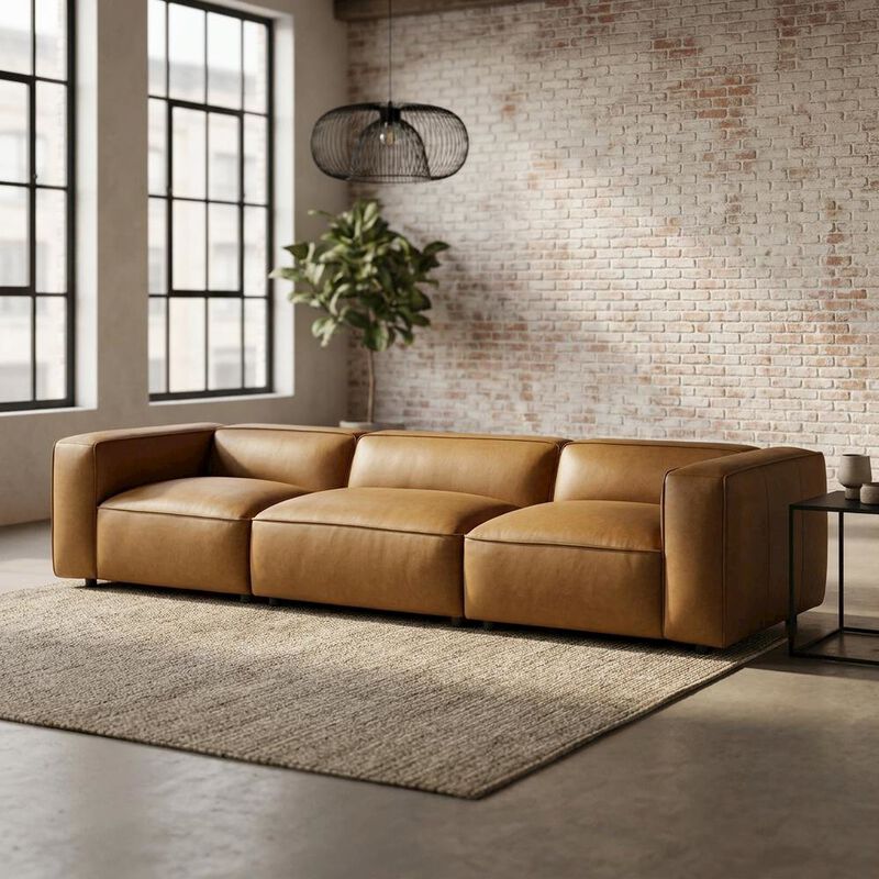 Upholstered Vegan Leather Modular Sectional Sofa with Mid-Century Style, Camel image number 4