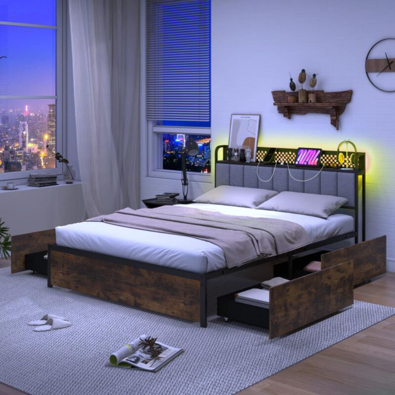 Hivvago Bed Frame with LED Lights, Upholstered Headboard and 4 Storage Drawers