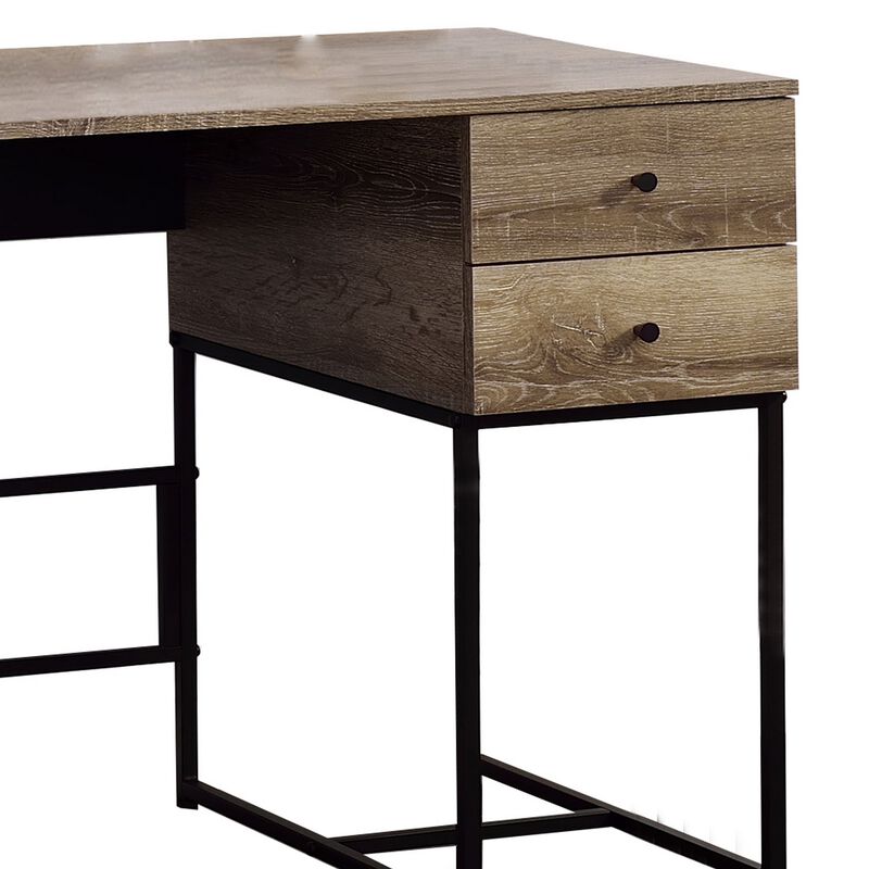 Wooden Desk with 4 Drawers and Tubular Metal Support, Brown and Black-Benzara