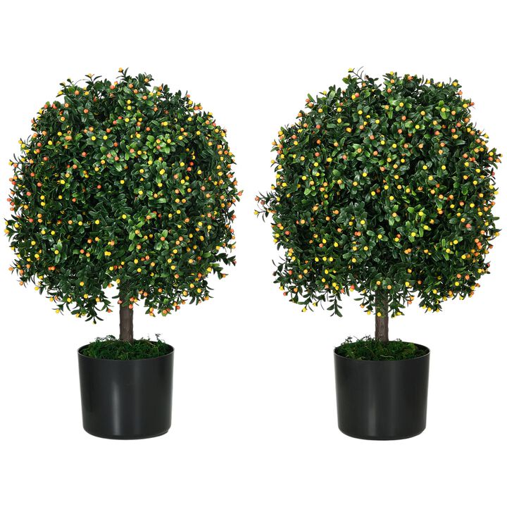 2 Pack 20.75" Artificial Ball Boxwood Topiary Trees with Pot and Orange Fruits, Fake Plants for Home Office, Living Room Decor