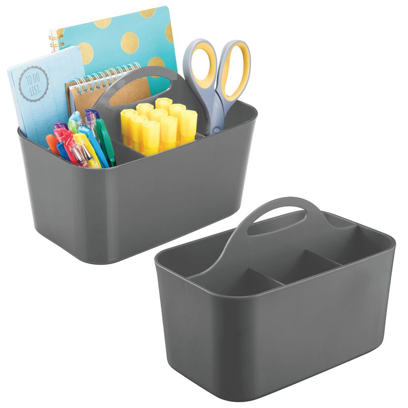 mDesign Small Plastic Caddy Tote for Desktop Office Supplies, 2 Pack, Dark Gray image number 3