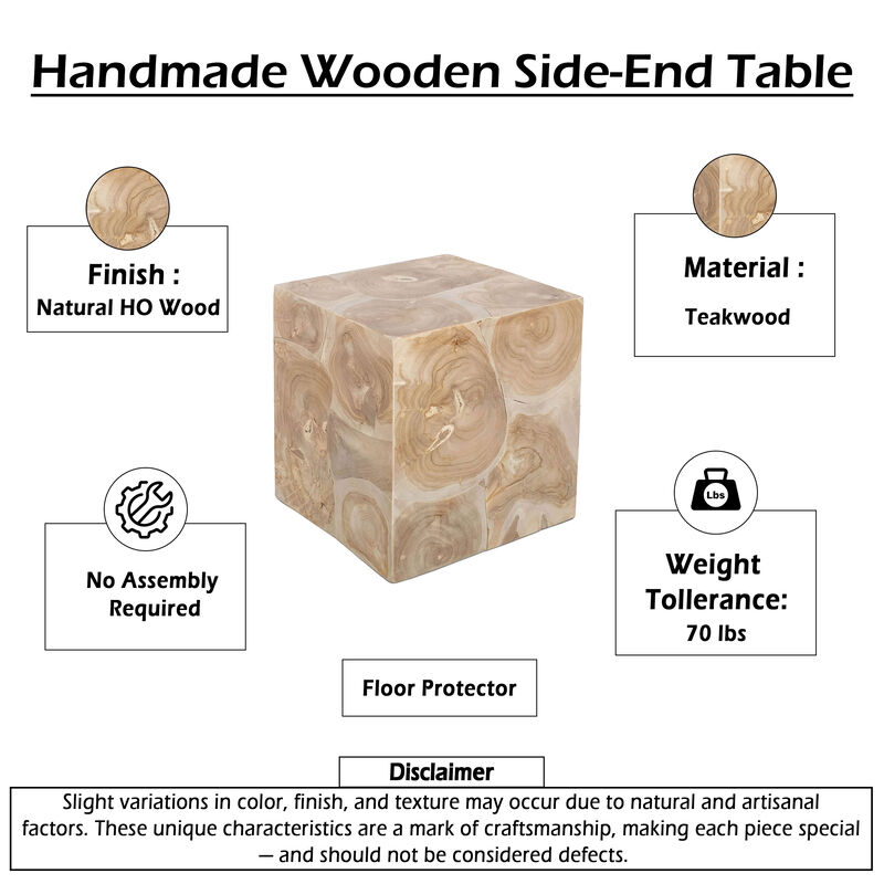 Sira Mosaic Side End Table, Hand Oiled Natural Brown Finish, 20 Inch Solid Teak Wood Slice Cube image number 4